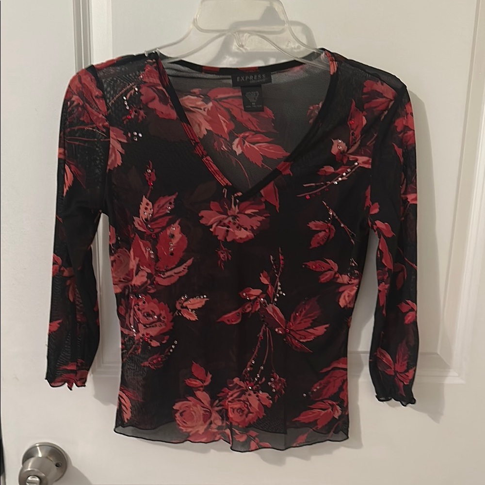 Express Black and Red Sheer Fitted Blouse